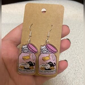 Antidepressant Cat Earrings with Pink and Yellow Accents